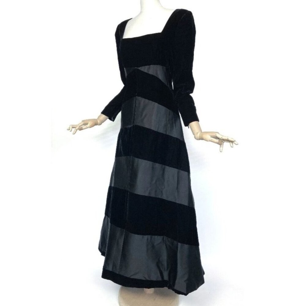 Vtg Victor Costa Elegant Evening Gown 8 Black Velvet Satin Luxe Long Sleeve
